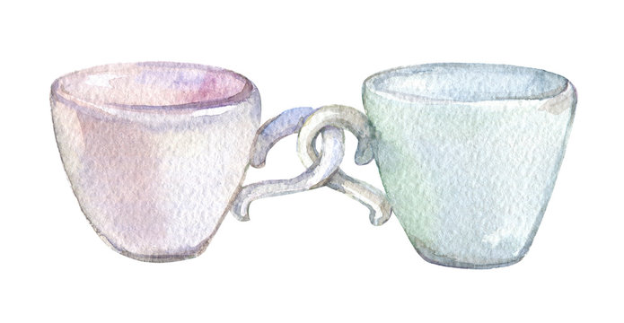 Two cups, isolated on white background watercolor illustration 