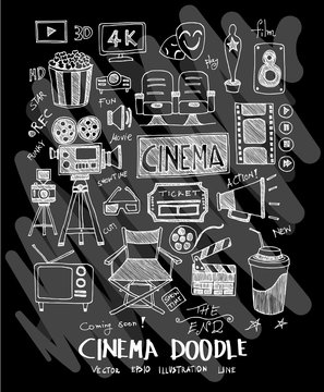 Cinema doodle illustration wallpaper background line sketch style set on chalkboard eps10