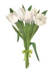 Bouquet of white tulips. Spring flowers. Floral decor for a greeting card. Realistic vector.