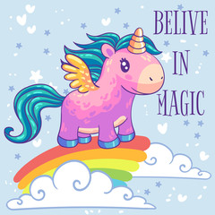 Little pink pony unicorn with wings standing on a rainbow. Cartoon character. It can be used for sticker, patch, phone case, poster, t-shirt, mug and other design.