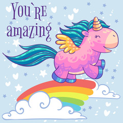 Little pink pony unicorn with wings running on a rainbow in the clouds. Cartoon character. It can be used for sticker, patch, phone case, poster, t-shirt, mug and other design.