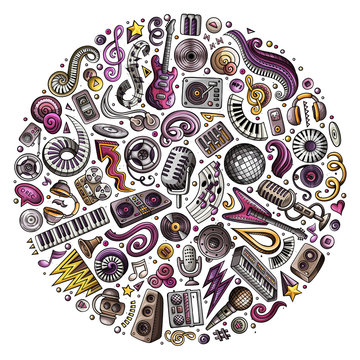 Set of vector cartoon doodle musical objects collected in a circle