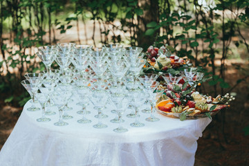 Champagne glasses. Wedding slide champagne for bride and groom.