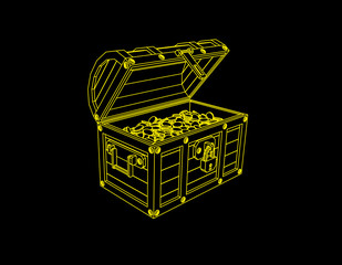 Wooden chest with coins. Vector outline illustration.