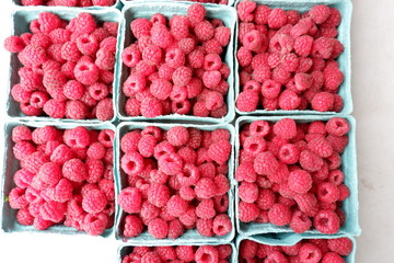 fresh raspberry in paper blue boxes Sunday Market at Winnipeg Manitoba Canada