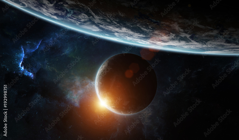 Poster Distant planet system in space with exoplanets 3D rendering elements of this image furnished by NASA
