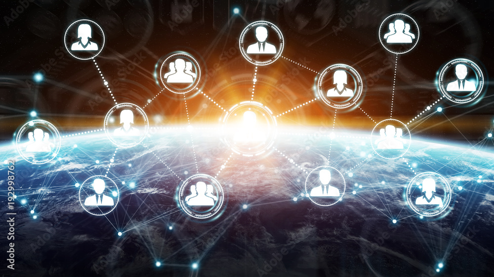 Poster Digital social network on planet Earth 3D rendering