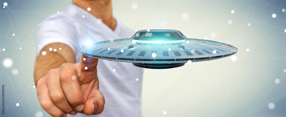 Aufkleber businessman with retro ufo spaceship 3d rendering