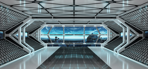 Spaceship interior with view on Earth 3D rendering elements of this image furnished by NASA