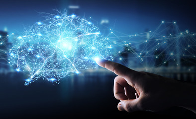 Businessman using digital x-ray human brain interface 3D rendering