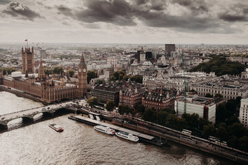 Beautiful view of London with its famous builduings: Big Ben, Palace of Westmisnter, Westmisnter Bridge under opened sky. Outdoor shot of capital of Great Britain.