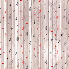 Wood texture - musical background. Watercolor notes seamless pattern
