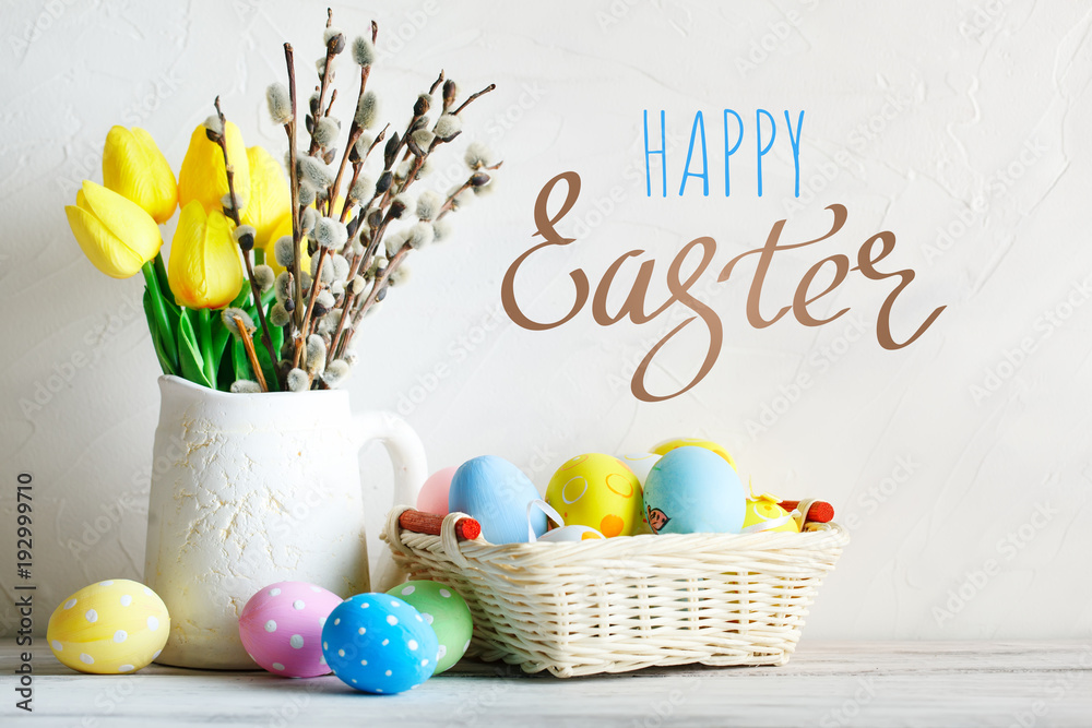 Wall mural Happy Easter. Congratulatory easter background. Easter eggs and flowers.