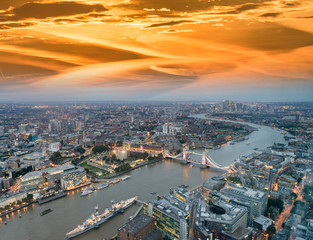 Fototapeta na wymiar Aerial view of London Tower Bridge and skyline at night, London