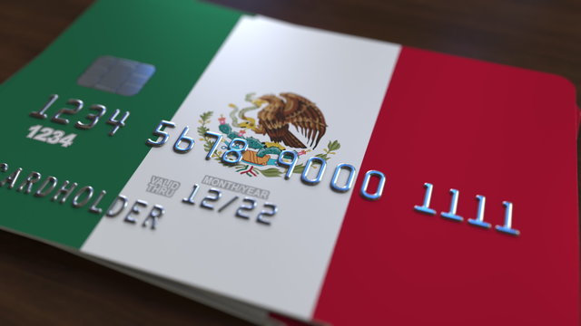 Plastic Bank Card Featuring Flag Of Mexico. National Banking System Related 3D Rendering