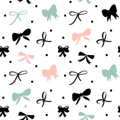 Vector seamless hand drawn pattern with bows. Ribbon decoration pattern for paper, textile, handmade decoration, scrap-booking, polygraphy, t-shirt, cards.