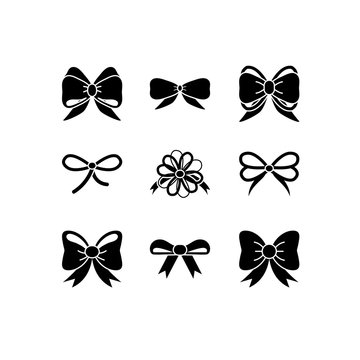 Vector flat bow icon set. Silhouette collections of package decorations bows and ribbons for paper, web design, logo, app, UI.