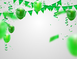 Happy Saint Patrick's Day, Celebration party banner with Green balloons isolated on white background. confetti and ribbons. Vector illustration