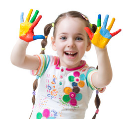 cute child girl have fun painting her hands isolated on white