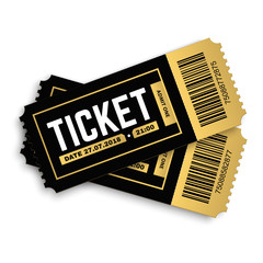 Two, pair vector ticket isolated isolated on white background. Cinema, theater,  concert, play, party, event, festival black and gold ticket realistic template set. Ticket icon for website. 