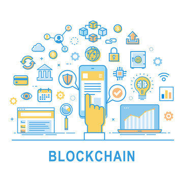 Blockchain technology line vector illustration on white background with text "Blockchain". Security cryptocurrency design with hand and smartphone. Vector block chain modern icon, logo, symbol set.