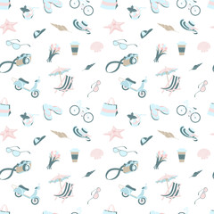 Vector illustration Summer beach party seamless pattern: seashells and starfish, cocktail and beach chair with umbrella, camera and scooter with bicycle. Flat style. White, pink and green blue colours