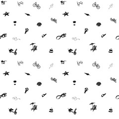 Vector illustration Summer beach party seamless pattern: seashells and starfish, cocktail and beach chair with umbrella, camera and scooter with bicycle. Flat style. Black and white colours