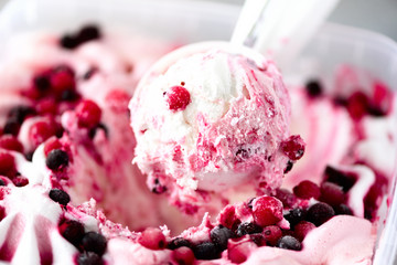 Strawberry ice cream texture. Summer food concept, copy space, top view. Sweet yogurt dessert or...