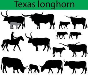 Collection of silhouettes of texas longhorn cattle breed - obrazy, fototapety, plakaty