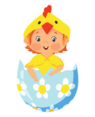 Baby in chick costume in a decorative easter egg