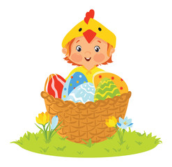 Baby wearing chick costume in a basket with eggs