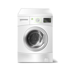 Vector realistic illustration of washing machine with smart display on white background. Electric appliance for housework, laundry. Isolated object for advertising, promotion