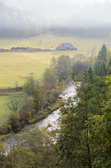 A view from the rock over forest and river in early autumn morning. The fog over forest, old barn and timber on background. Countryside. - 193005913