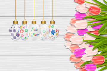 Bunte Ostereier. Frohe Ostern. Happy easter image vector. Modern happy Easter background with colorful eggs and tulip. Template Easter greeting card, vector.
