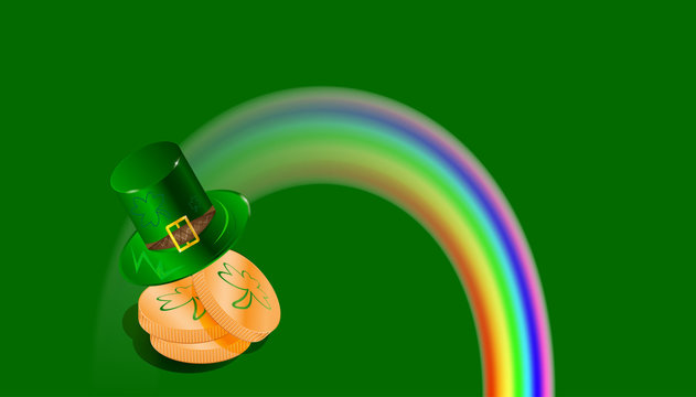 St Patrick's day, cartoon. Green hat, rainbow of gold vector 