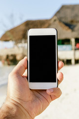 Male hand holding smartphone with blank screen