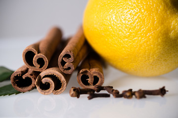 horizontal high key, macro image of fresh lemon slice, cinnamon stick and bright green leaves. Selective focus. 