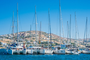Beautiful view of Parikia town in Paros island, Greece, Cyclades Islands. There are white houses...