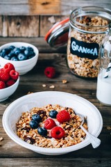 Healthy breakfast bowl. Homemade granola with natural yoghurt, blueberries and raspberries