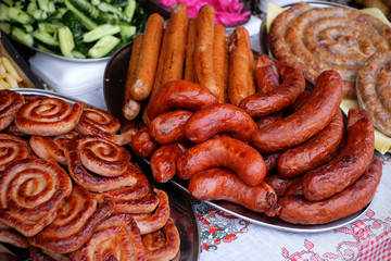 Sausages cooked on the grill during the food festival