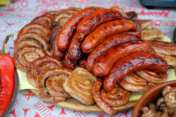 Sausages cooked on the grill during the food festival