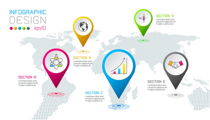Business pointing labels shape infographic around the world map.