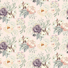 Bouquets with violet roses and pink peonies with gray leaves on the blush background. Watercolor vector seamless pattern. Romantic garden flowers. Elegant illustration.