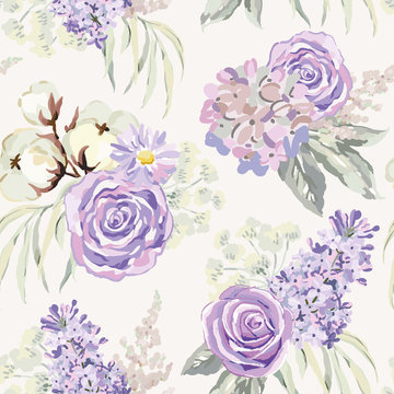 Mauve spring bouquets with roses, lilac, cotton and gray leaves on the light background. Vector seamless pattern with delicate flowers. Cottage garden.