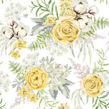 Yellow spring bouquets on the white background. Watercolor vector seamless pattern with delicate flowers. Rose, hydrangea, cotton and light green leaves. Romantic illustration.