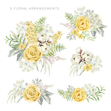 Arrangements with yellow flowers on the white background. Rose, lilac, cotton, green leaves. Watercolor vector illustration. Romantic garden bouquets.