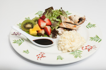 healthy food, balanced lunch protein, salad and arina