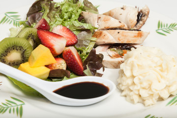 healthy food, balanced lunch protein, salad and arina