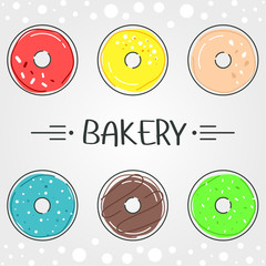 Vector illustration of six different colored donuts. Round patty fried in oil with a hole in the middle on a light background. Set bakery with decorations