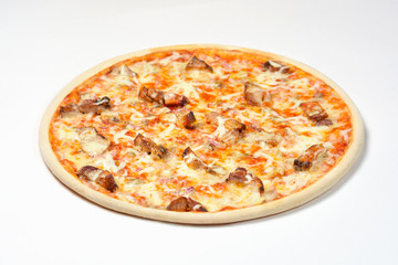 Pizza with kebab and mushrooms on a white background